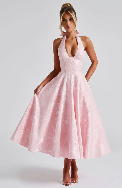 Floral Halter Midi Dress Wedding Guest Occasion Dress