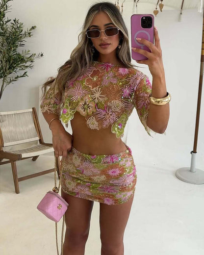 Elina | Floral Embroidered Sequin Set – Sheer Crop Top Mini Skirt Summer Party