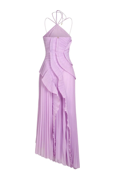 Eliza | Pleated Halter Maxi – Ruffle Cascade Wedding Guest Occasion Dress