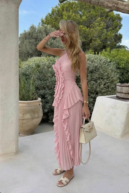 Eliza | Pleated Halter Maxi – Ruffle Cascade Wedding Guest Occasion Dress