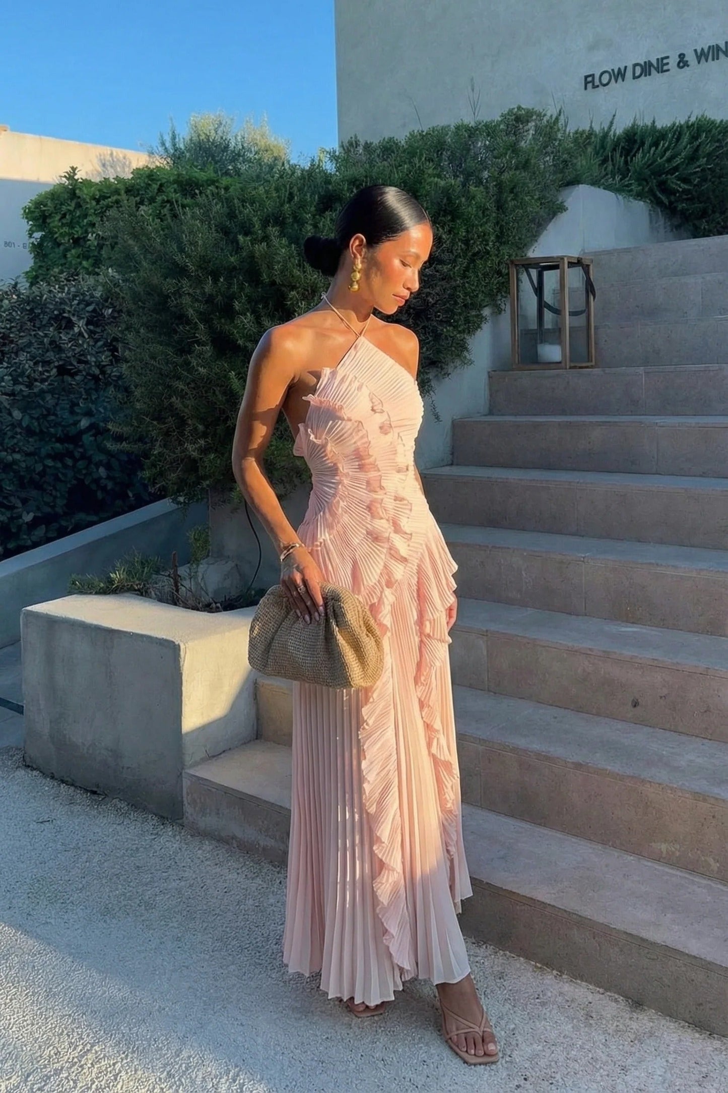 Eliza | Pleated Halter Maxi – Ruffle Cascade Wedding Guest Occasion Dress