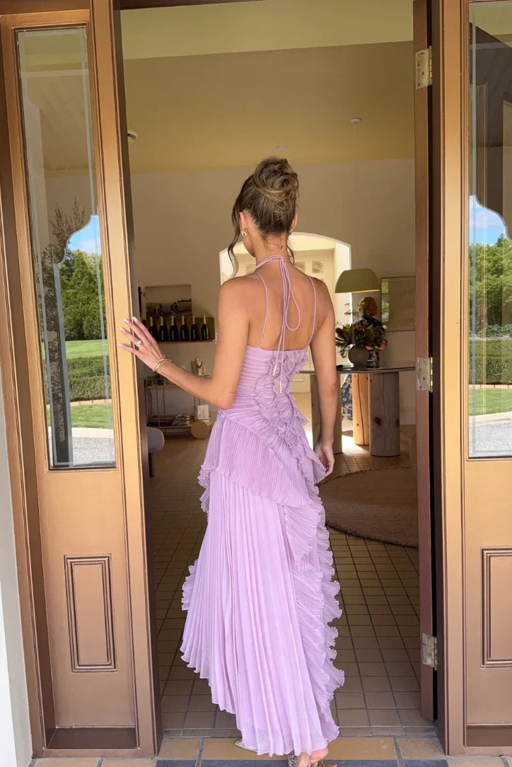 Eliza | Pleated Halter Maxi – Ruffle Cascade Wedding Guest Occasion Dress