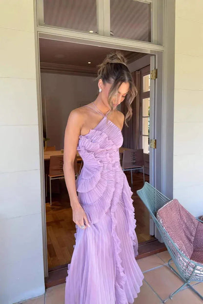 Eliza | Pleated Halter Maxi – Ruffle Cascade Wedding Guest Occasion Dress