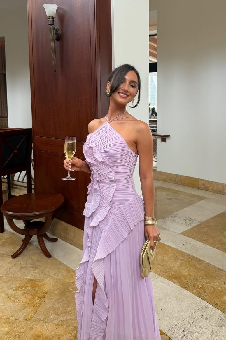 Eliza | Pleated Halter Maxi – Ruffle Cascade Wedding Guest Occasion Dress