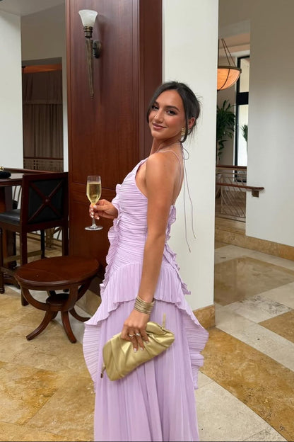 Eliza | Pleated Halter Maxi – Ruffle Cascade Wedding Guest Occasion Dress