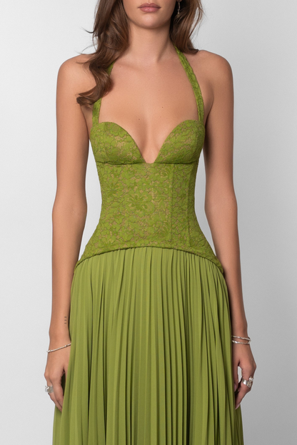 Kenley | Lace Corset Pleated Maxi Dress – Halter Sweetheart Lace Up Wedding Guest Gown