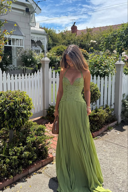 Kenley | Lace Corset Pleated Maxi Dress – Halter Sweetheart Lace Up Wedding Guest Gown