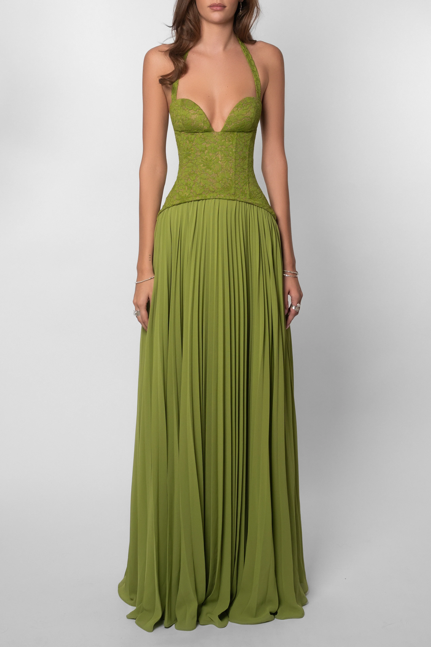 Kenley | Lace Corset Pleated Maxi Dress – Halter Sweetheart Lace Up Wedding Guest Gown