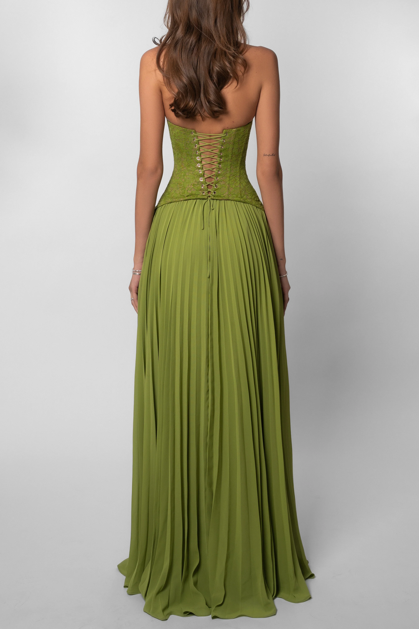 Kenley | Lace Corset Pleated Maxi Dress – Halter Sweetheart Lace Up Wedding Guest Gown