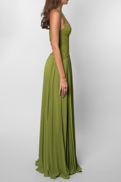 Kenley | Lace Corset Pleated Maxi Dress – Halter Sweetheart Lace Up Wedding Guest Gown