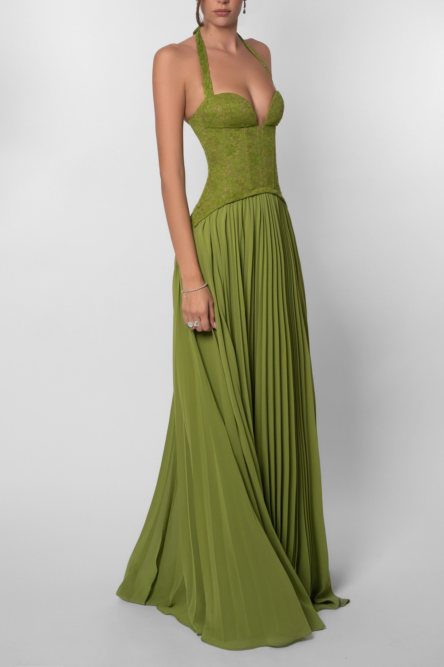 Kenley | Lace Corset Pleated Maxi Dress – Halter Sweetheart Lace Up Wedding Guest Gown
