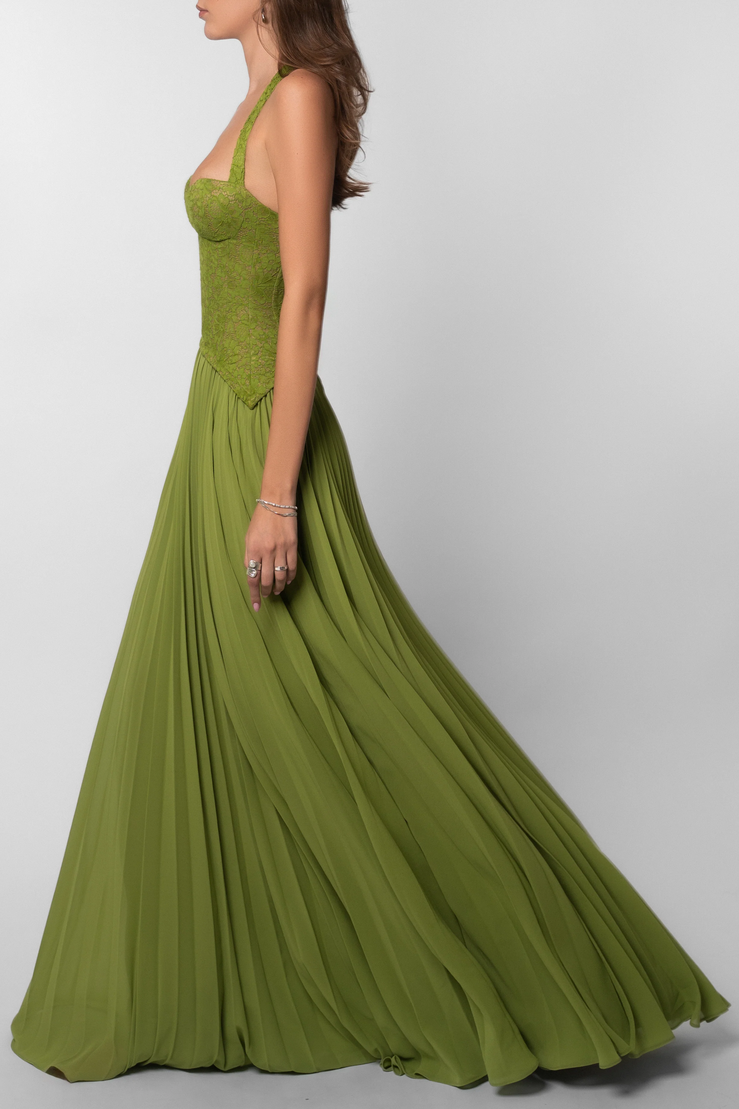 Kenley | Lace Corset Pleated Maxi Dress – Halter Sweetheart Lace Up Wedding Guest Gown