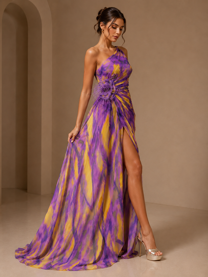 Mitchell | One Shoulder Abstract Maxi Dress – Floral Applique High Slit Evening Gown