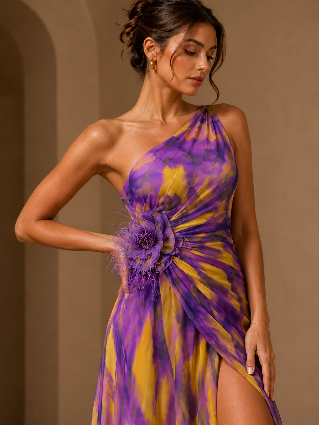 Mitchell | One Shoulder Abstract Maxi Dress – Floral Applique High Slit Evening Gown