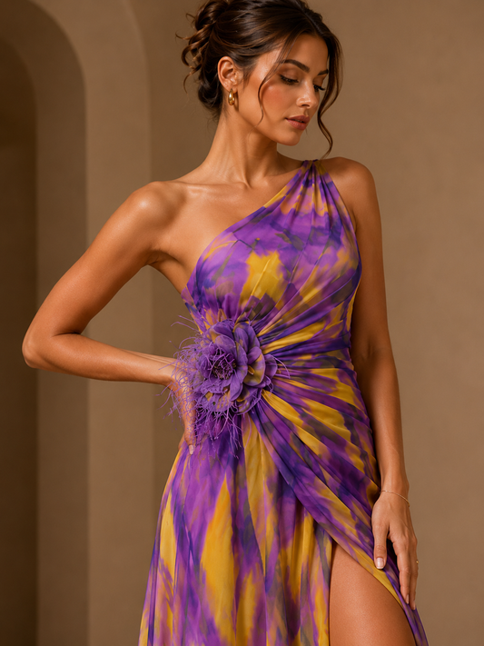 Mitchell | One Shoulder Abstract Maxi Dress – Floral Applique High Slit Evening Gown