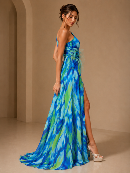 Mitchell | One Shoulder Abstract Maxi Dress – Floral Applique High Slit Evening Gown