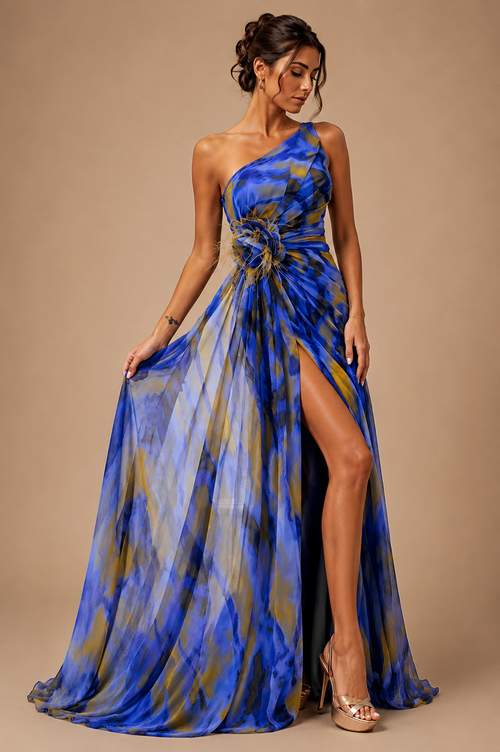Mitchell | One Shoulder Abstract Maxi Dress – Floral Applique High Slit Evening Gown