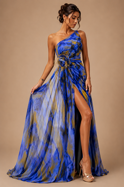 Mitchell | One Shoulder Abstract Maxi Dress – Floral Applique High Slit Evening Gown