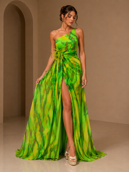 Mitchell | One Shoulder Abstract Maxi Dress – Floral Applique High Slit Evening Gown