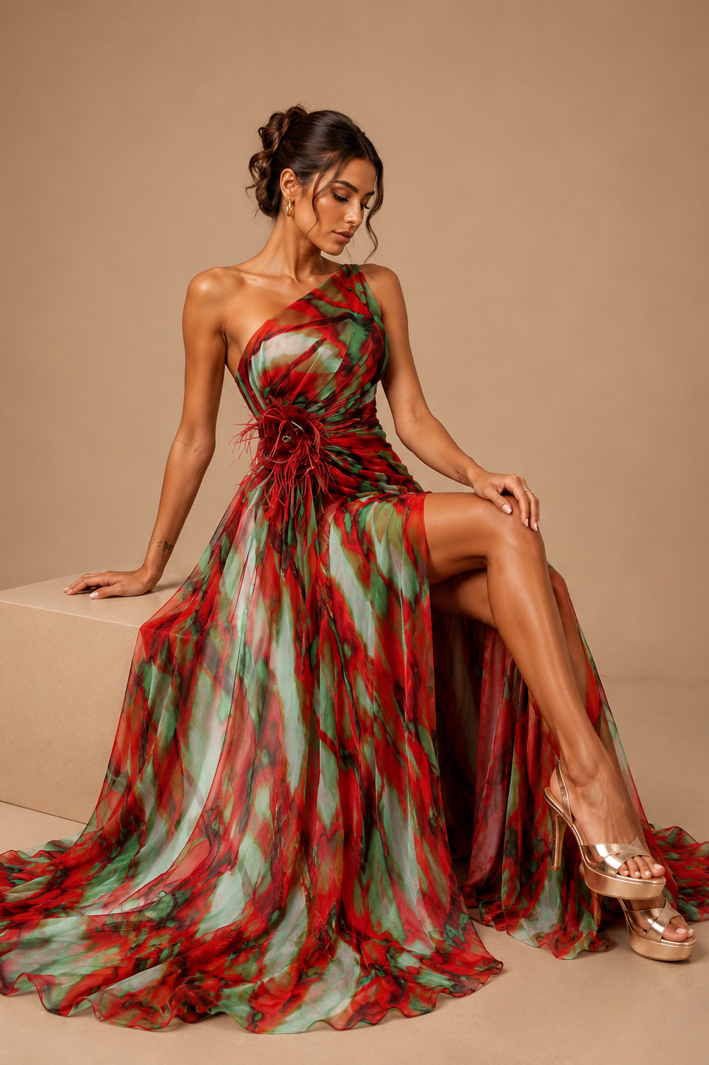 Mitchell | One Shoulder Abstract Maxi Dress – Floral Applique High Slit Evening Gown